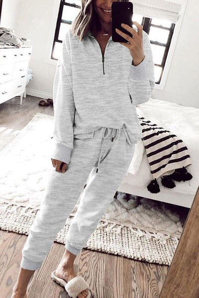 Gray Solid Half Zipped Drawstring High Waist Lounge Set-Loungewear-MomFashion