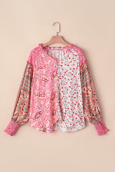 Pink Mixed Floral Printed Puff Sleeve V-Neck Shirt-Tops-MomFashion