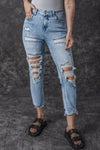 Sky Blue Acid Wash Distressed Slim Fit Jeans-Bottoms-MomFashion