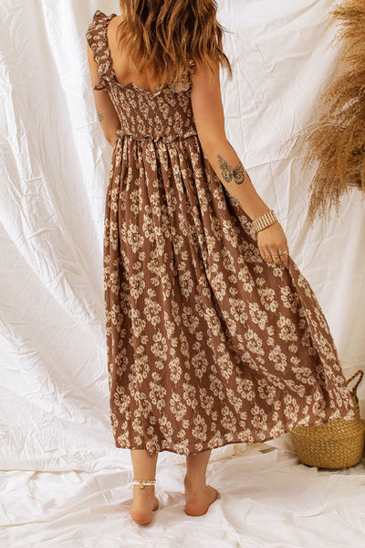 Brown Ruffled Straps Smocked Floral Maxi Dress-Dresses-MomFashion