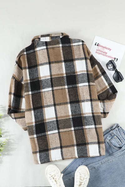 Plaid Print Buttoned Shirt Jacket-Outerwear-MomFashion