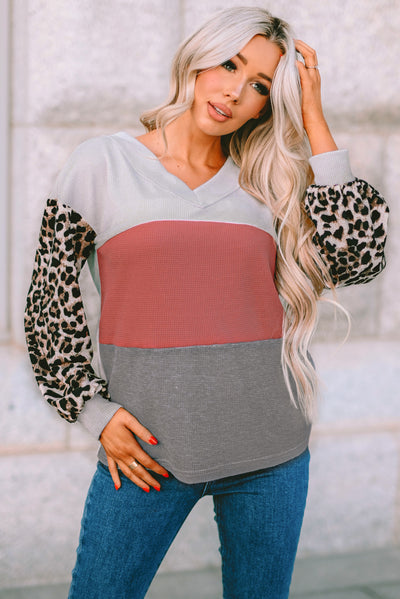 Fiery Red Wild Leopard Contrast Sleeve Colorblock Waffle Knit Top-Tops-MomFashion