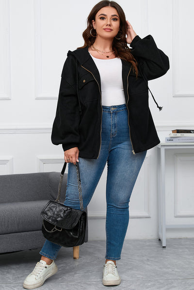 Black Plus Size Bishop Sleeve Zip Up Hooded Jacket-Plus Size-MomFashion