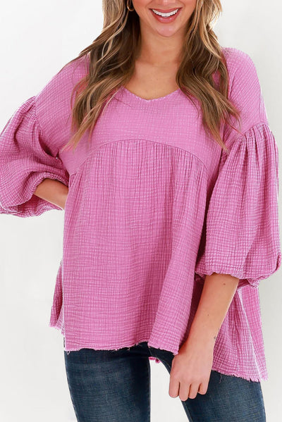 Pink Crinkle Bubble Sleeve Raw Hem Babydoll Blouse-Tops-MomFashion