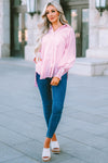 Pink Smocked Cuffed Striped Boyfriend Shirt with Pocket-Tops-MomFashion