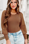 Brown Ribbed Balloon Sleeve Bodysuit-Tops-MomFashion