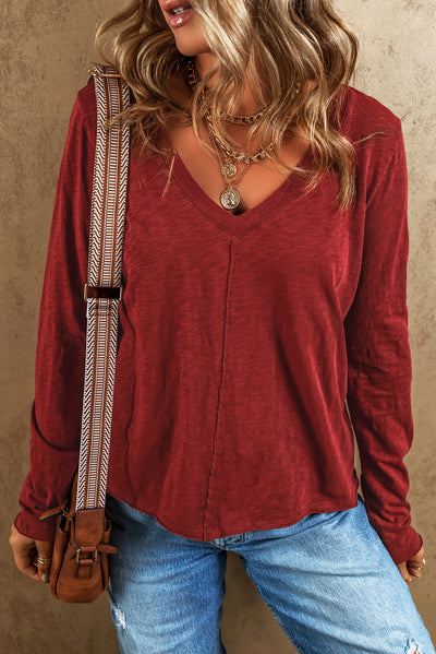 Red Sandalwood V Neck Center Seam Long Sleeve Tee-Tops-MomFashion