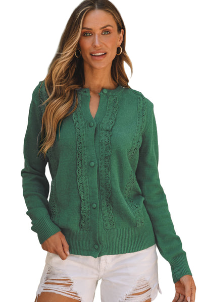 Green Lace Trim Ribbed Round Neck Button Up Cardigan-Tops-MomFashion