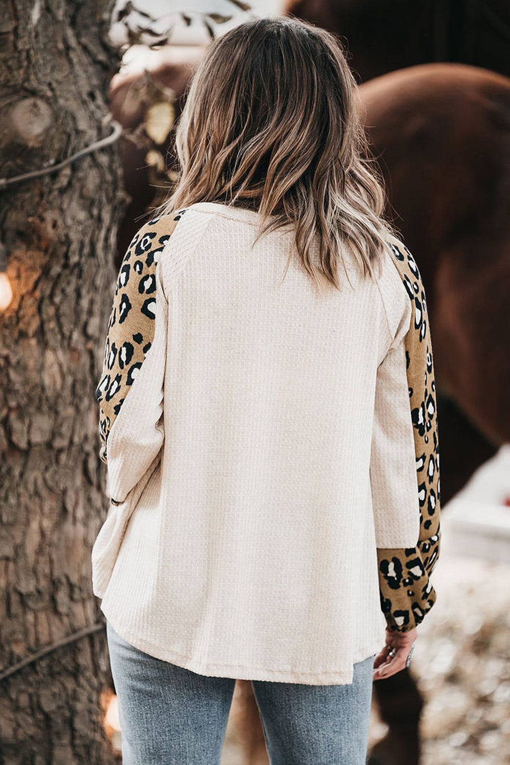 Beige Printed Plus Size Waffle Knit Contrast Leopard Long Sleeve Top-Plus Size-MomFashion