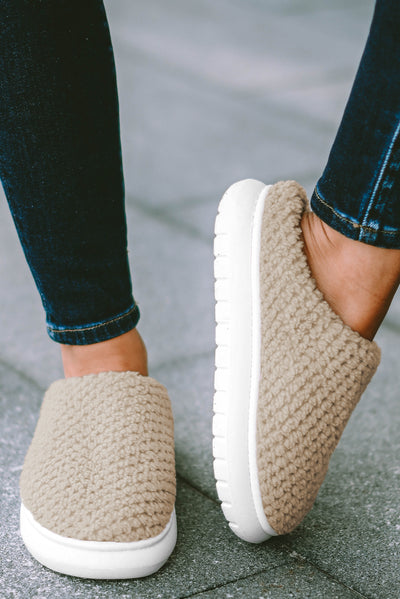 Pale Khaki Two-tone Knitted Warm Homewear Slippers-Shoes & Bags-MomFashion