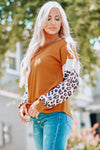 Brown Leopard Sequin Patchwork Long Sleeve Top-Tops-MomFashion