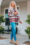 Fiery Red Geometric Plaid Print Pocketed Shacket-Outerwear-MomFashion