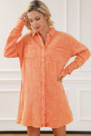 Orange Crinkled Dual Chest Pocket Oversized Shirt Dress-Dresses-MomFashion