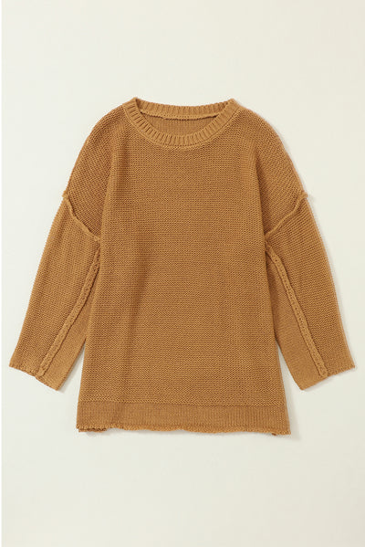 Brown Slouchy Textured Knit Loose Sweater-Tops-MomFashion