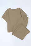 Pale Khaki Textured Loose Fit T Shirt and Drawstring Pants Set-Loungewear-MomFashion