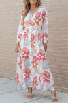 Tropical Plant Print Long Sleeve Wrap V-Neck Slit Maxi Dress-Dresses-MomFashion