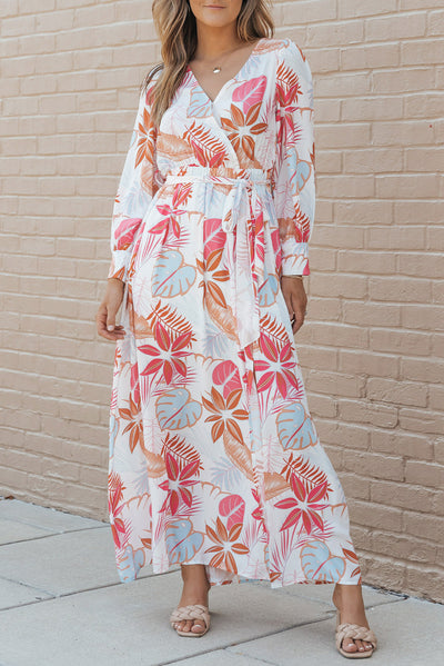 Tropical Plant Print Long Sleeve Wrap V-Neck Slit Maxi Dress-Dresses-MomFashion