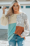 Leopard Patchwork Color Block Ribbed Long Sleeve Top-Tops-MomFashion