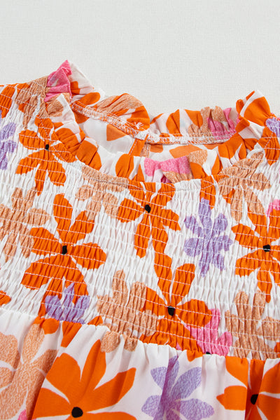 Orange Ruffled Sleeve Smocked Floral Top-Tops-MomFashion