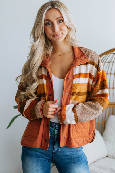 Brown Quilted Patch Pockets Aztec Furry Jacket-Outerwear-MomFashion