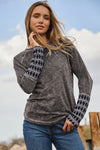 Gray Aztec Patchwork Ribbed Long Sleeve Top-Tops-MomFashion