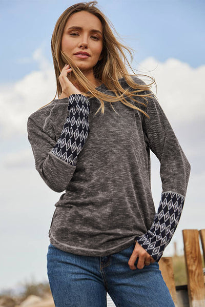 Gray Aztec Patchwork Ribbed Long Sleeve Top-Tops-MomFashion