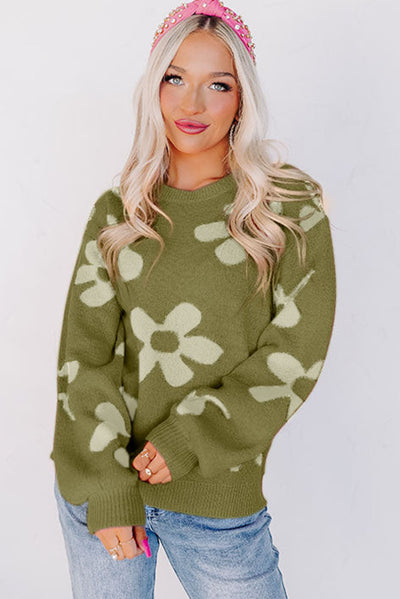 Spinach Green Big Flower Knit Ribbed Trim Sweater-Tops-MomFashion