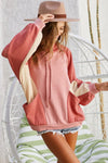 Pink Drawstring Pullover Pocketed Colorblock Sweatshirt-Tops-MomFashion