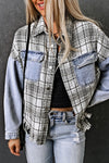 Sky Blue Plaid Patchwork Fringed Flap Pockets Denim Jacket-Outerwear-MomFashion