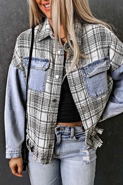 Sky Blue Plaid Patchwork Fringed Flap Pockets Denim Jacket-Outerwear-MomFashion