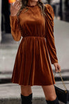 Chestnut Velvet Frilled Neck Gigot Sleeve Swing Dress-Dresses-MomFashion