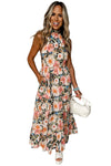 Black Boho Floral Print Knotted Halter Ruffled Maxi Dress-Dresses-MomFashion