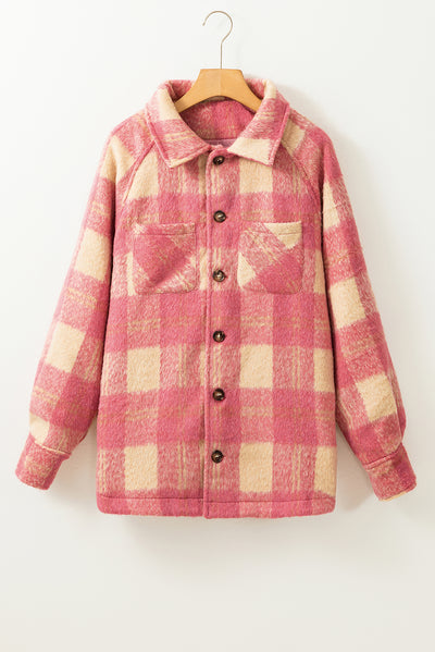 Peach Blossom Plaid Print Buttoned Collared Chest Pockets Shacket-Outerwear-MomFashion