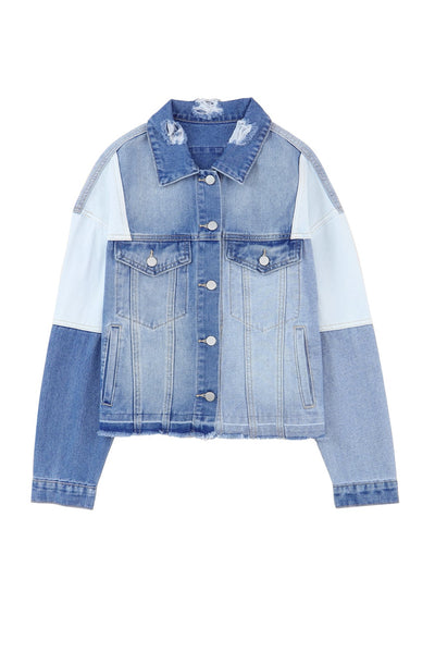 Sky Blue Color Block Denim Patchwork Frayed Hem Jacket-Outerwear-MomFashion