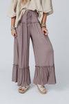 Khaki Frilled Drawstring High Waist Wide Leg Pants-Bottoms-MomFashion