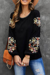 Black Floral Embroidery Long Sleeve Top-Tops-MomFashion