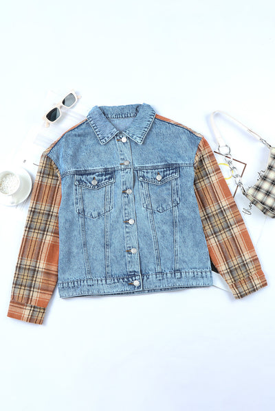 Sky Blue Medium Wash Plaid Sleeves Denim Jacket-Outerwear-MomFashion