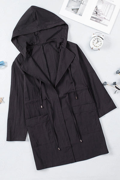 Black Drawstring Turndown Collar Hooded Outerwear-Outerwear-MomFashion