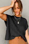 Black Crew Neck Cable Knit Short Sleeve Sweater-Tops-MomFashion