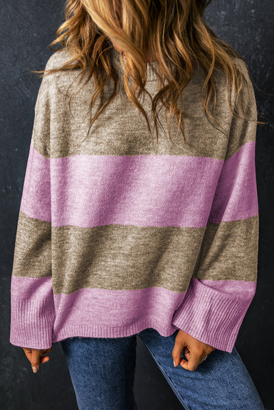 Rose Stripe Crew Neck Wide Sleeve Colorblock Sweater-Tops-MomFashion