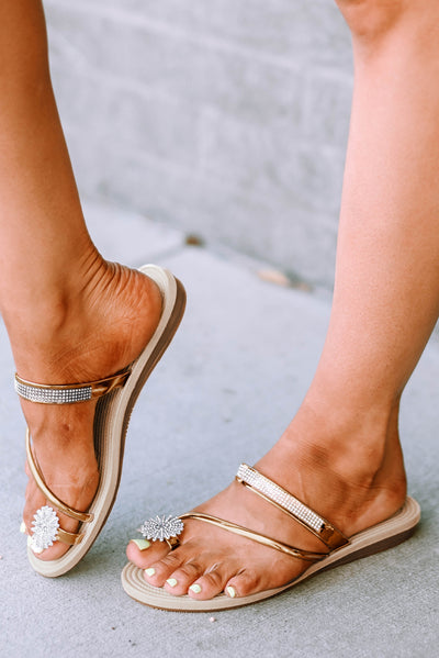 Gold Rhinestone Toe Ring Flat Sandals-Shoes & Bags-MomFashion