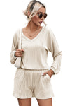 Beige Corded V Neck Slouchy Top Pocketed Shorts Set-Loungewear-MomFashion