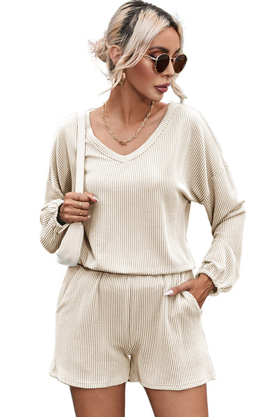 Beige Corded V Neck Slouchy Top Pocketed Shorts Set-Loungewear-MomFashion