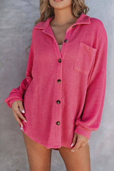 Pink Waffle Knit Button Up Casual Shirt-Tops-MomFashion