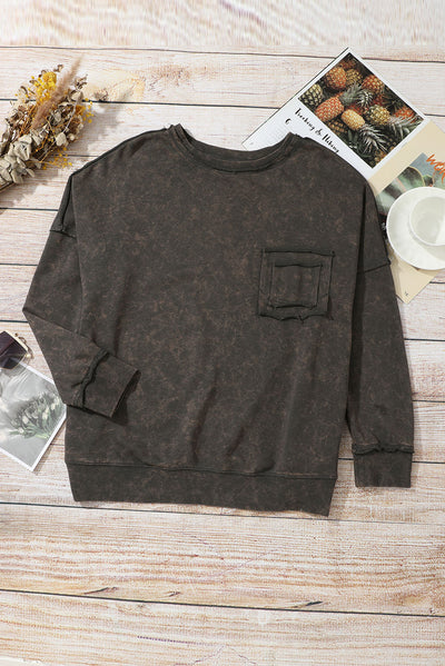 Gray Acid Wash Drop Shoulder Long Sleeve Sweatshirt with Pockets-Tops-MomFashion