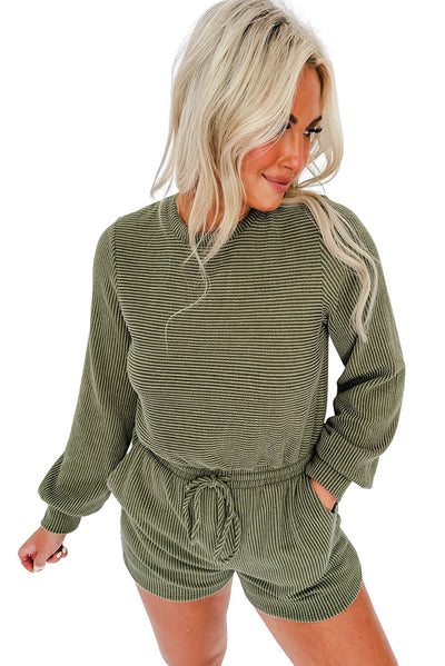 Jungle Green Corded Pullover Long Sleeve Drawstring Romper-Bottoms-MomFashion