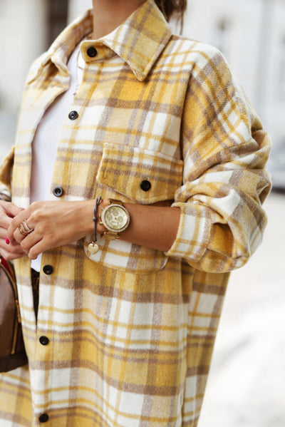 Yellow Plaid Flap Pocket Long Sleeve Shacket-Outerwear-MomFashion