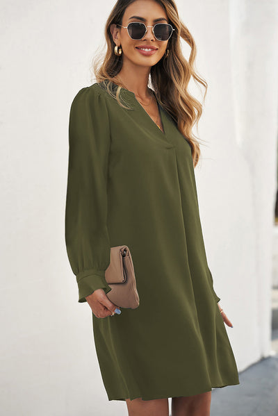 Green Split V Neck Ruffled Sleeves Shirt Dress-Dresses-MomFashion