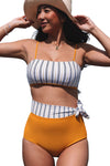 Yellow 2pcs Contrast Striped Tie High Waist Bikini Swimsuit-Swimwear-MomFashion