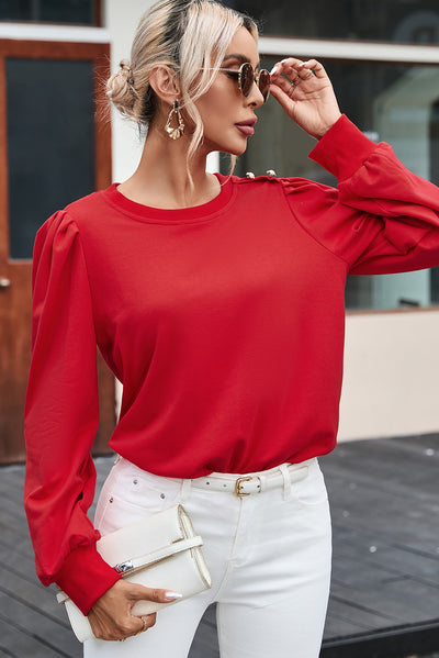 Fiery Red Button Tab Detail Long Sleeve Top-Tops-MomFashion